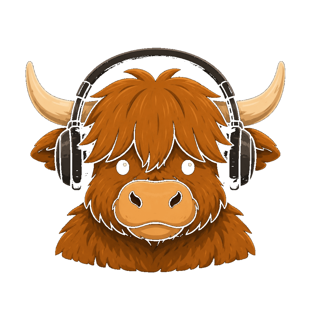Highland cow wearing headphones